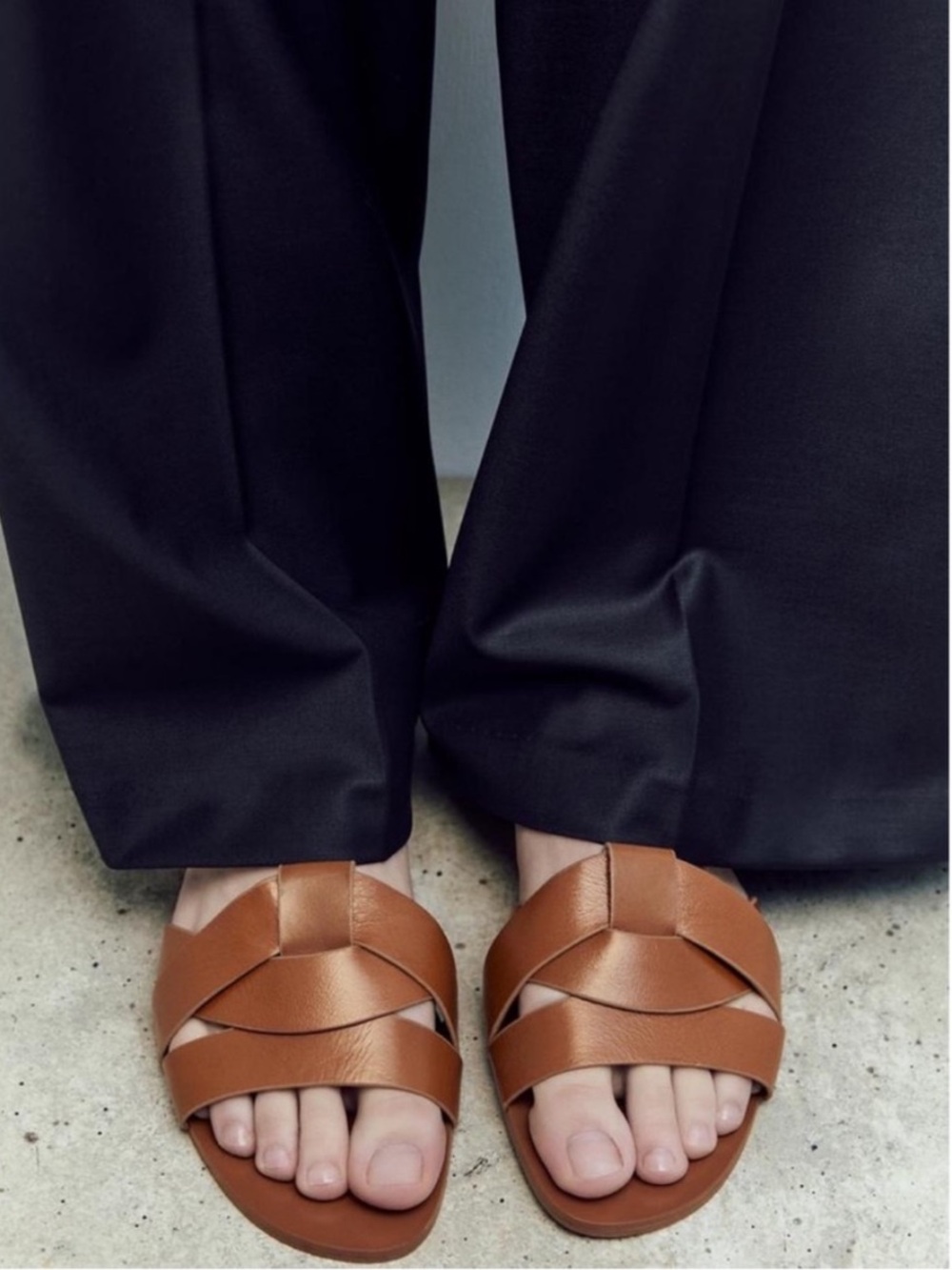 Zara FLAT CROSSED LEATHER SANDALS Brown Slide Sz. 38